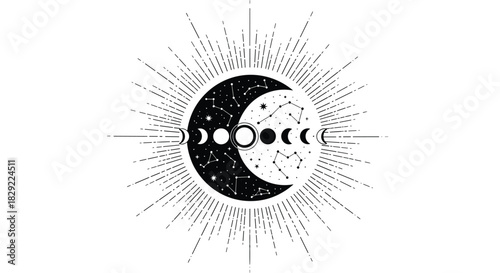 Mystical illustration of a sun and moon yin-yang symbol, incorporating constellations and moon phases with radiant light beams.