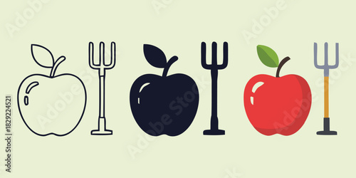 Outline silhouette and colored apples with garden forks on pale vactor background fruit