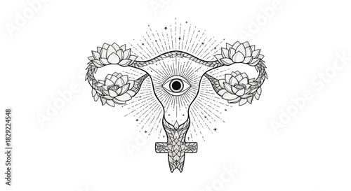 Mystical illustration of a uterus with an all-seeing eye, blooming lotus flowers, and a crystal Venus symbol for feminine power.