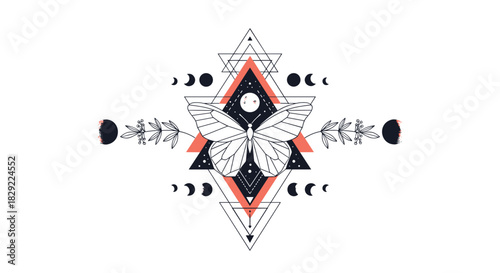 Mystical composition with a butterfly, moon phases, and botanicals set within sacred geometry triangles and celestial elements.