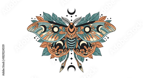 Intricately detailed moth illustration in a vintage boho style with crescent moons on its wings, surrounded by colorful leaves.