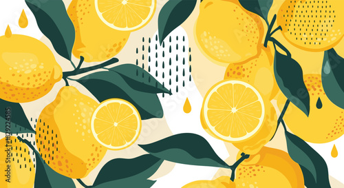 Vibrant and modern summer fruit pattern with juicy yellow lemons, dark green leaves, and abstract shapes in a fresh design style.