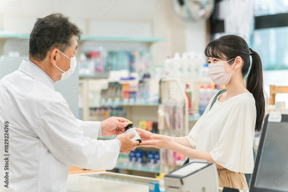 Fototapeta premium Pharmacists who prescribe over-the-counter drugs at pharmacies, hospitals, and drugstores (prescriptions, medicines, and supplements) 