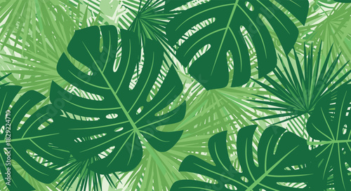 Dense and seamless tropical pattern with overlapping dark green monstera and fan palm leaves creating a lush jungle foliage background.