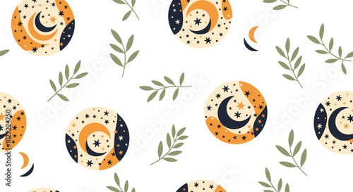 Cute seamless pattern featuring celestial motifs with moons and stars inside circles, paired with simple green leaves on white.