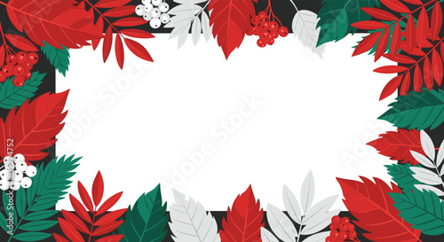 Autumn or winter holiday background frame with red, green, and white rowan leaves and berries on a dark striped background.