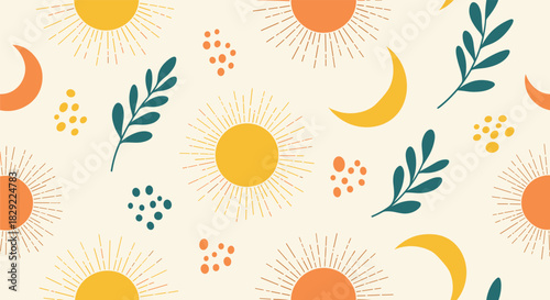 Cute seamless pattern with hand-drawn suns, crescent moons, and botanical leaves in a warm, earthy color palette on a beige background.