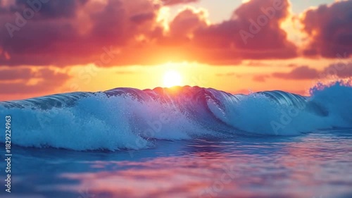 Dramatic ocean wave at sunrise, showcasing vibrant colors and a powerful surge of water.