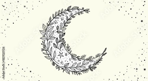 Whimsical hand-drawn illustration of a crescent moon formed from intricate leaves and flowers, surrounded by a starry sky.