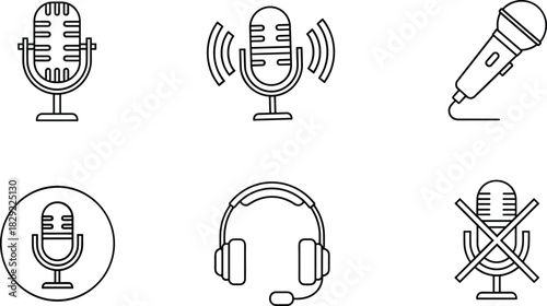 Collection of minimalist microphone icons, podcast symbols, audio recording tools, headset communication device, mute sign illustration for digital media design