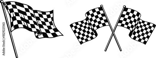 Black and white checkered racing flags waving in wind, crossed finish line flags, motorsport victory symbols, competition and speed illustration