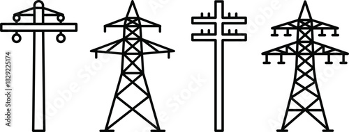 Electric power line tower icons set, high voltage transmission pole illustrations, electricity distribution infrastructure symbols for energy industry design