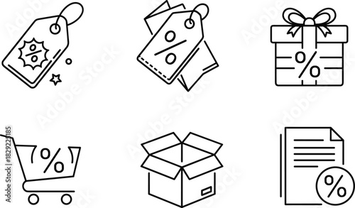 Discount and sale icons set, percentage tag illustrations, special offer symbols, shopping cart discount graphics for e-commerce promotions