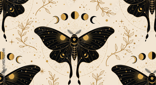 Seamless mystical pattern with elegant black and gold moths, moon phases, and botanical branches on a light, starry background.
