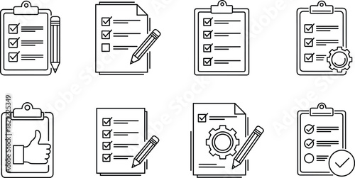Checklist and clipboard icons with documents, check marks, pencils and settings symbols representing tasks, organization, productivity, approval and workflow management