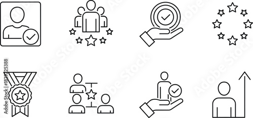 Minimal line icons collection representing customer satisfaction, user rating, achievement awards, quality assurance, leadership evaluation, performance improvement and success growth symbols