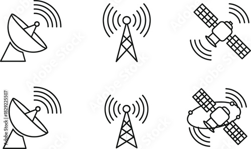 Satellite communication icons featuring signal transmission, radio antenna technology, wireless network connection, digital broadcasting and 