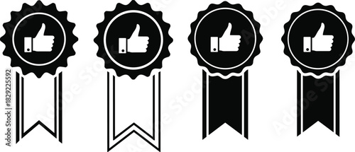 Black thumbs-up award badge icons with ribbon set, approval certification emblem design, positive rating symbol, quality guarantee label illustration