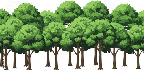 Lush green forest landscape illustration with dense tree canopy, natural woodland scenery, vibrant foliage, environmental nature background for eco-themed design projects