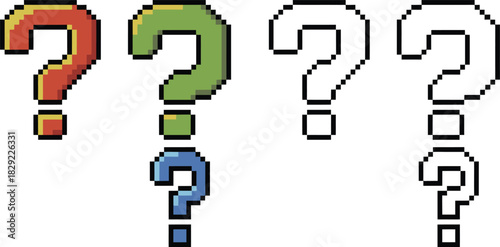 Pixel art question marks in red green and blue with outlines vactor retro vintage