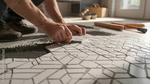 Professional tiler installing modern geometric floor tiles