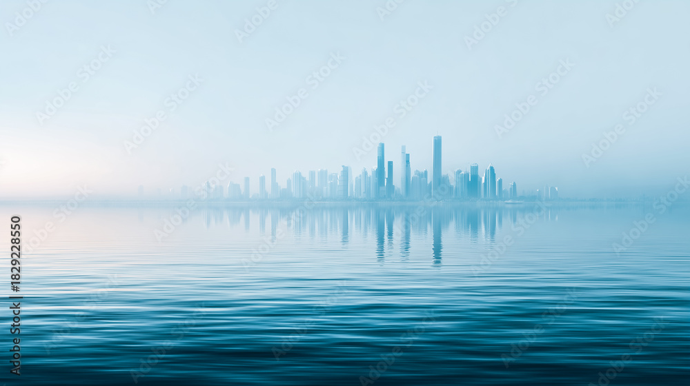 Fototapeta premium Tranquil Future City: Skyline Reflected on Water in Fog.