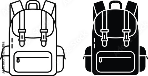 Two Backpack Icons One Outline One Solid vactor Black rucksack travel