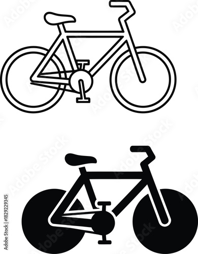 Two bicycles one outline drawing one solid vactor black silhouette bike black and white