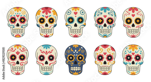 Day of the dead skulls collection celebrating the traditional mexican holiday in colorful designs perfect for cultural events and festive backgrounds.