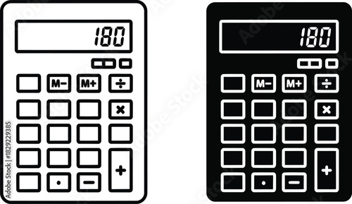 Two calculators one outline one solid vactor black with digital display showing 180