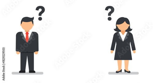 Confused business people with question marks uncertain colleagues in professional attire needing assistance ideal for teamwork and problem-solving.