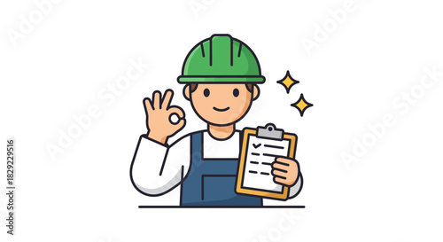 Construction worker with checklist giving okay sign ensuring quality control and compliance perfect for safety training materials and building inspections.