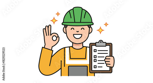 Construction worker ok sign holding checklist representing safety compliance perfect for construction industry training safety manuals or worksite communication.