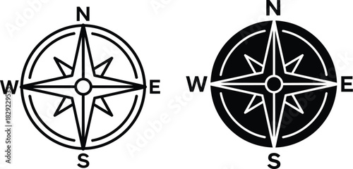 Two compass rose icons one vactor black and white outline and one solid black navigation
