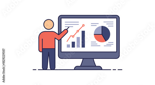 Data presentation by a business analyst showing charts on a screen conveying information and illustrating financial insights for corporate growth strategy