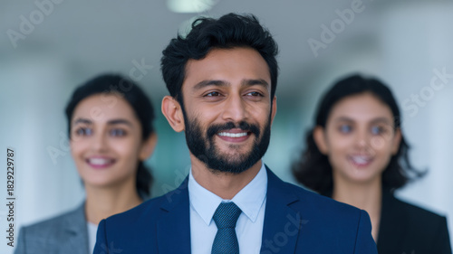Wallpaper Mural Indian business people team in office, confident man in suit leads colleagues with smile and focus Torontodigital.ca