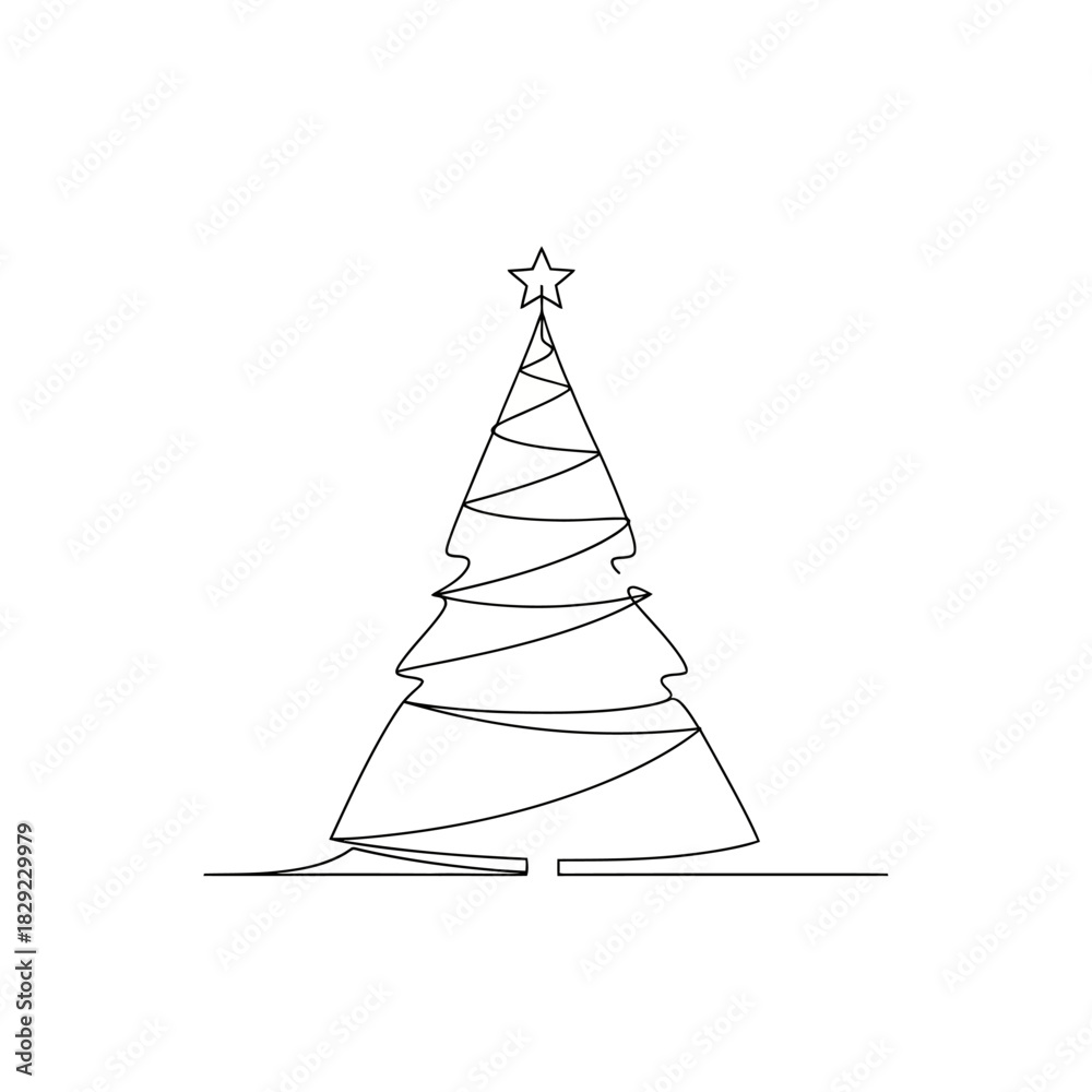 Fototapeta premium Continuous line art capturing the festive essence of a holiday tree, symbolizing joy and seasonal celebration in a minimalist graphic style, perfect for contemporary designs