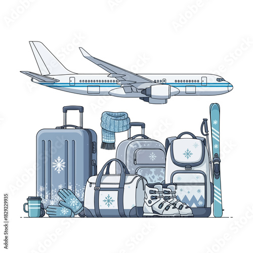 Winter travel essentials airplane, luggage, ski gear, and accessories for a cold-weather vacation