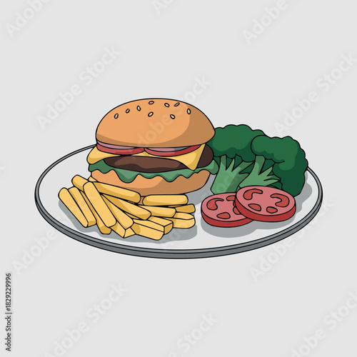 Delicious burger with fries broccoli and tomato slices on plate tasty food illustration vector image