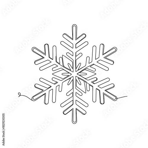 Minimalist continuous line art drawing of a symmetrical snowflake, embodying the unique beauty of winter and the intricate elegance of nature's frozen crystalline forms