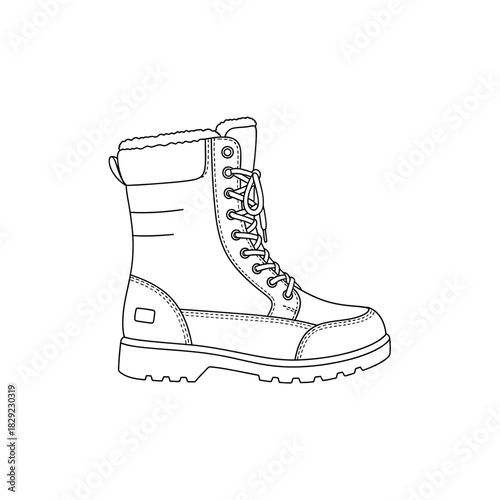 Detailed Line Art Illustration of a Rugged Winter Boot with Lace-Up Closure and Warm Lining