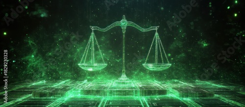 Digital Scales of Justice, glowing green, tech background, legal concept