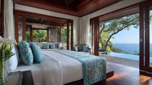 Luxurious Modern Bedroom with Scenic Ocean View in Tropical Resort Setting Surrounded by Nature and Elegant Interior Design