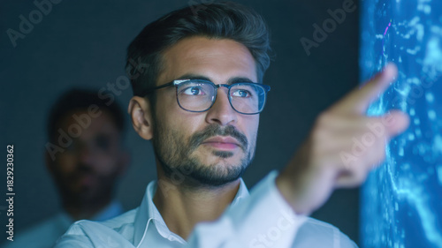 Wallpaper Mural Focused analyst data visualization technology office glasses professional teamwork indian people team strategy innovation research screen blue light modern workplace collaboration planning leader Torontodigital.ca