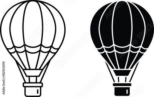 Two hot air balloon icons one outline one solid vactor black airship aviation