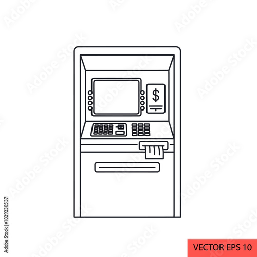 Outline vector icon of an automated teller machine (ATM) for cash withdrawals, deposits, and banking transactions, symbolizing modern financial services and convenient money access