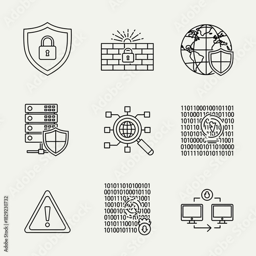 Modern digital security icons representing data protection, network defense, and cybersecurity threats with a clean, professional aesthetic