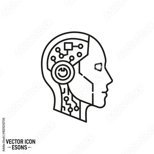 Simple line icon of a robot head with a visible circuit board brain, illustrating concepts of artificial intelligence, machine learning, and futuristic technology