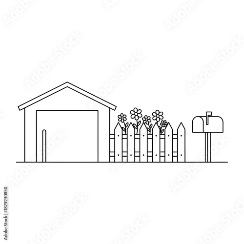 Charming cartoon garage with picket fence, blooming flowers, and a classic mailbox evokes idyllic suburban home life.
