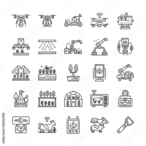 Modern farming technology icons showcase drones robots automation and smart agriculture for innovation and efficiency in food production